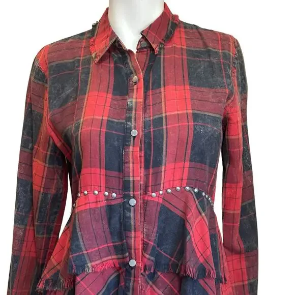 Zara Studded Distressed Circus Red Black Tartan Plaid Shirt Punk sz S NWT - Picture 5 of 13